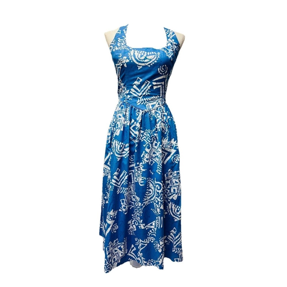 VTG Malia 6 Blue Floral Cotton Hawaiian Halter Dress Luau 60s 70s Tropical Beach
